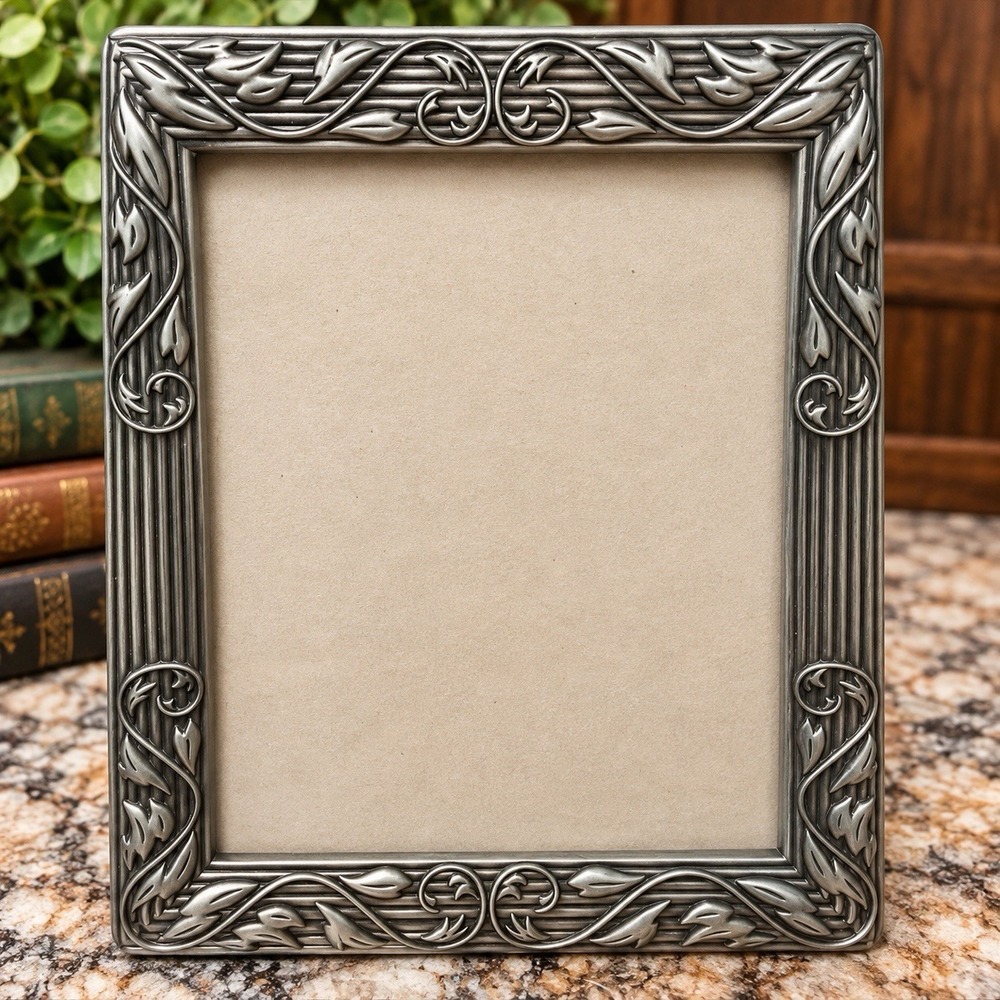 Fetco 5x7 Silver Metal Ornate Photo Frame, Freestanding Portrait